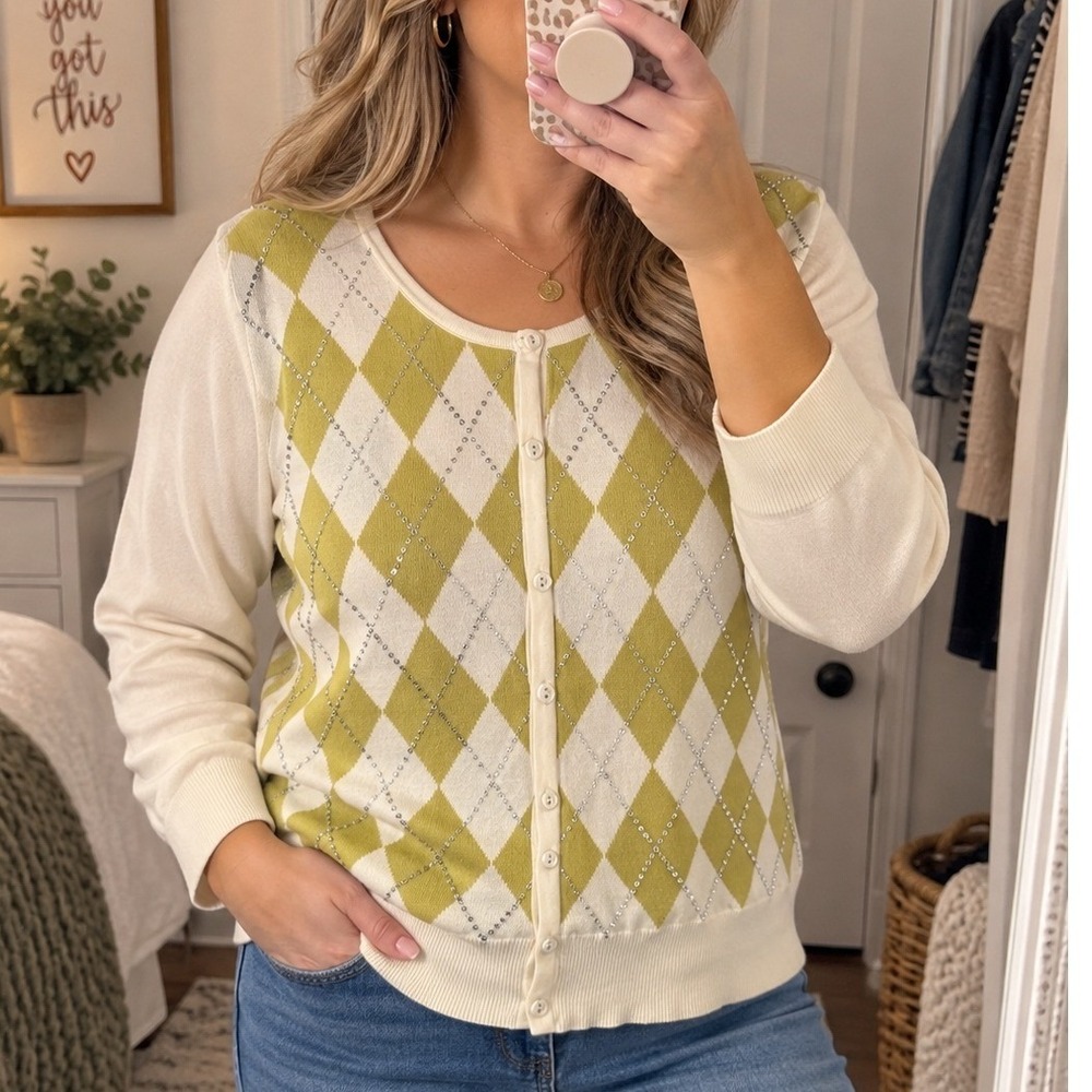 Talbots Cardigan Sweater XL Green Ivory Argyle Sequin Long Sleeve Button Front